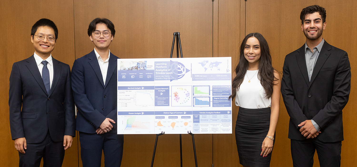 Three students and one faculty in professional dress standing next to a poster on an easel describing the team's research.